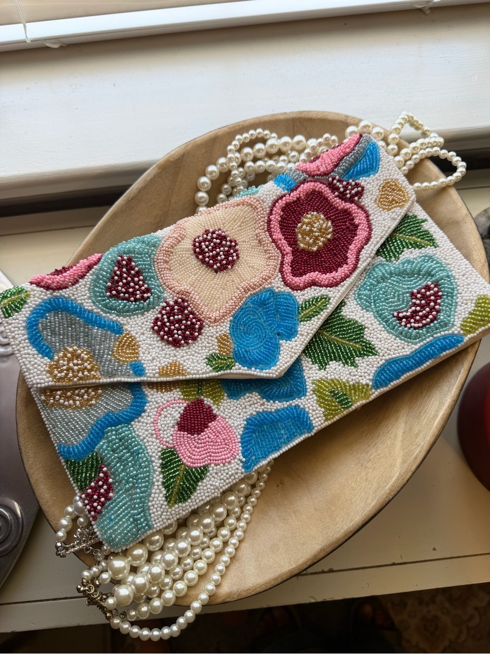 Floral Hand Beaded Envelope Clutch Crossbody Bag Pearl Detail